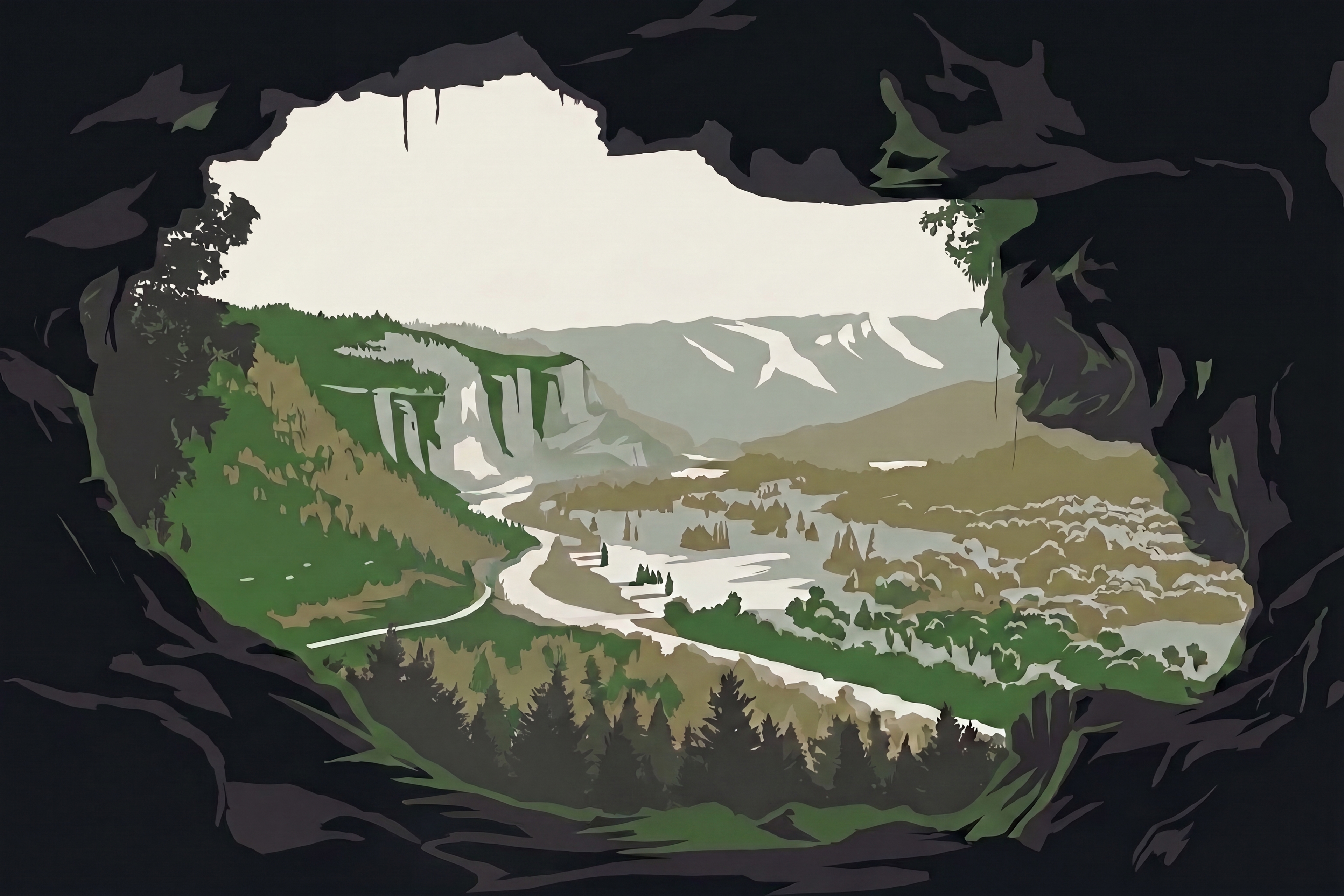 A cavern mouth opening onto a green river valley